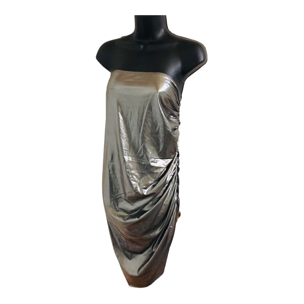 Sincerely Jules silver metallic side ruched asymmetrical strapless dress size M